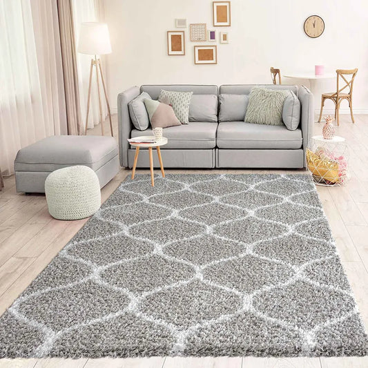  Hochflor Teppich Muster Shaggy Marokkanisch Rauten Deko Wohnzimmer Grau Creme Weich Robust Ethno, Maße:140x200 Cm