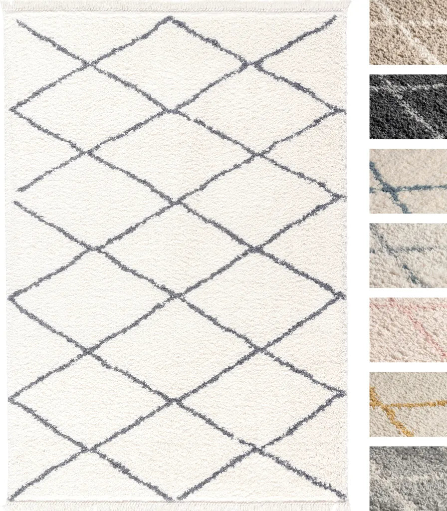  Wohnzimmer Shaggy Teppich Diamantmuster Super Soft Moderner Hochflor Teppich Weiss Grau, Grösse: 155x230cm
