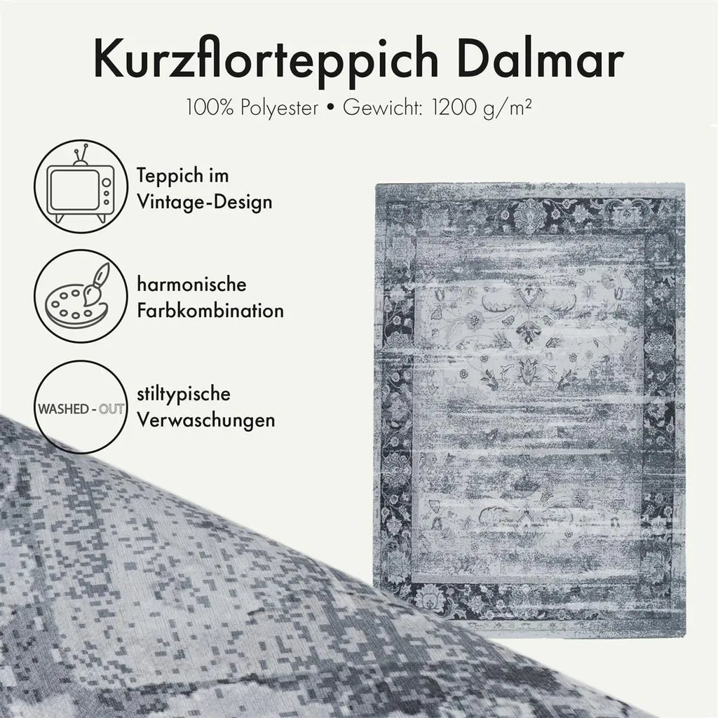  Qiyano Orientalischer Teppich Kurzflor Im Vintage-Look Für Wohnzimmer Grau, 170 X 240 Cm