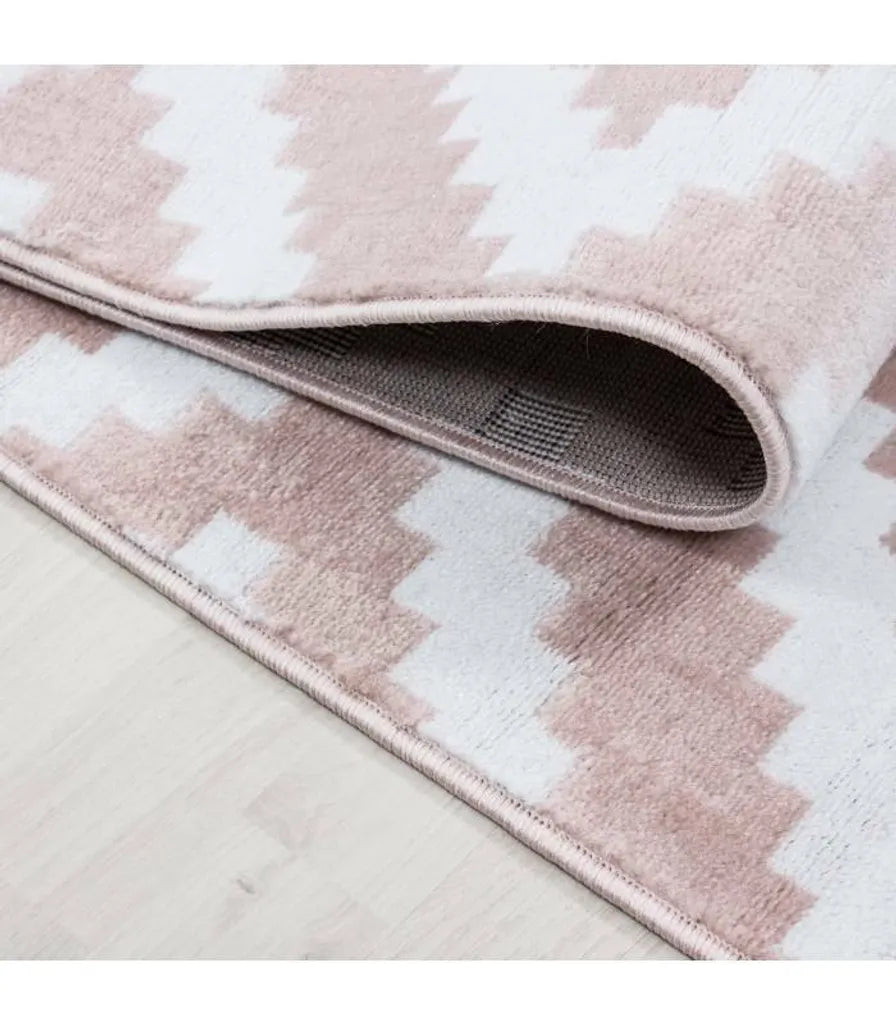  Kurzflor Wohnzimmerteppich Teppich Antikes Karo Muster Rosa Weiss Meliert, Grösse:160x230 Cm