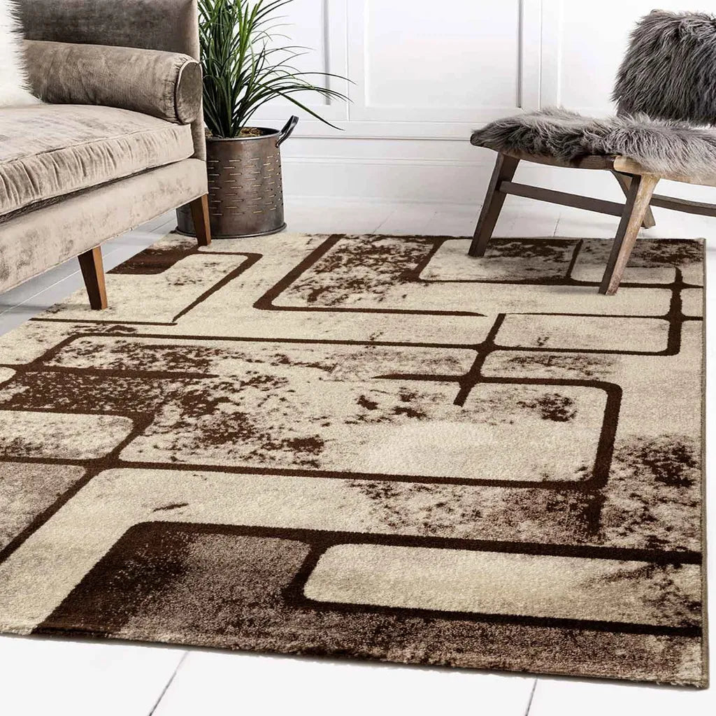  Teppich Beige Wohnzimmer Vintage Kurzflor Geometrisch Muster Abstrakt Meliert, Maße:140x200 Cm