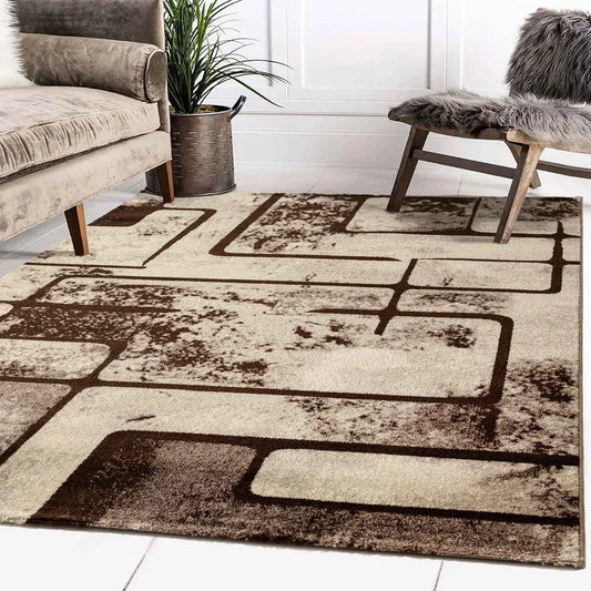 Teppich Beige Wohnzimmer Vintage Kurzflor Geometrisch Muster Abstrakt Meliert, Maße:140x200 Cm