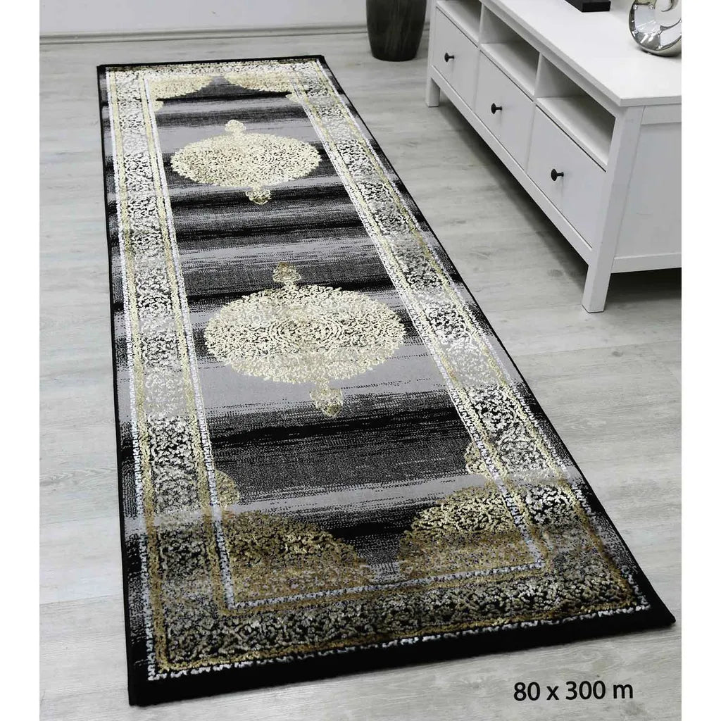  Designer Teppich Orientalisch Grau Gold Elegant Orientalisch Glanz, Maße:80x300 Cm