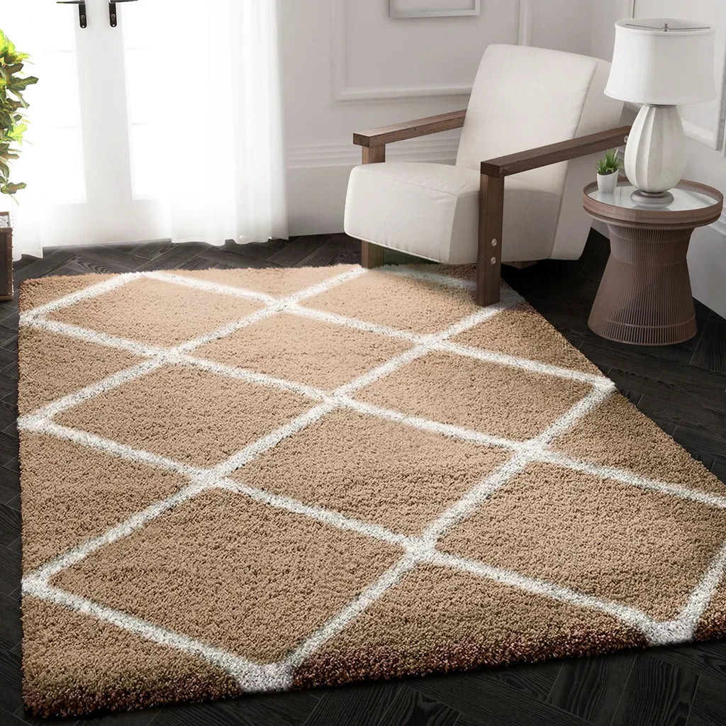  Hochflor Teppich Wohnzimmer Shaggy Rauten Muster Beige Creme Skandinavischer Stil Weich Robust, Maße:80x150 Cm