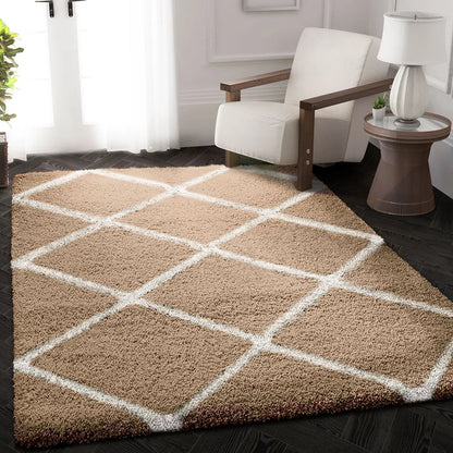  Hochflor Teppich Wohnzimmer Shaggy Rauten Muster Beige Creme Skandinavischer Stil Weich Robust, Maße:80x150 Cm