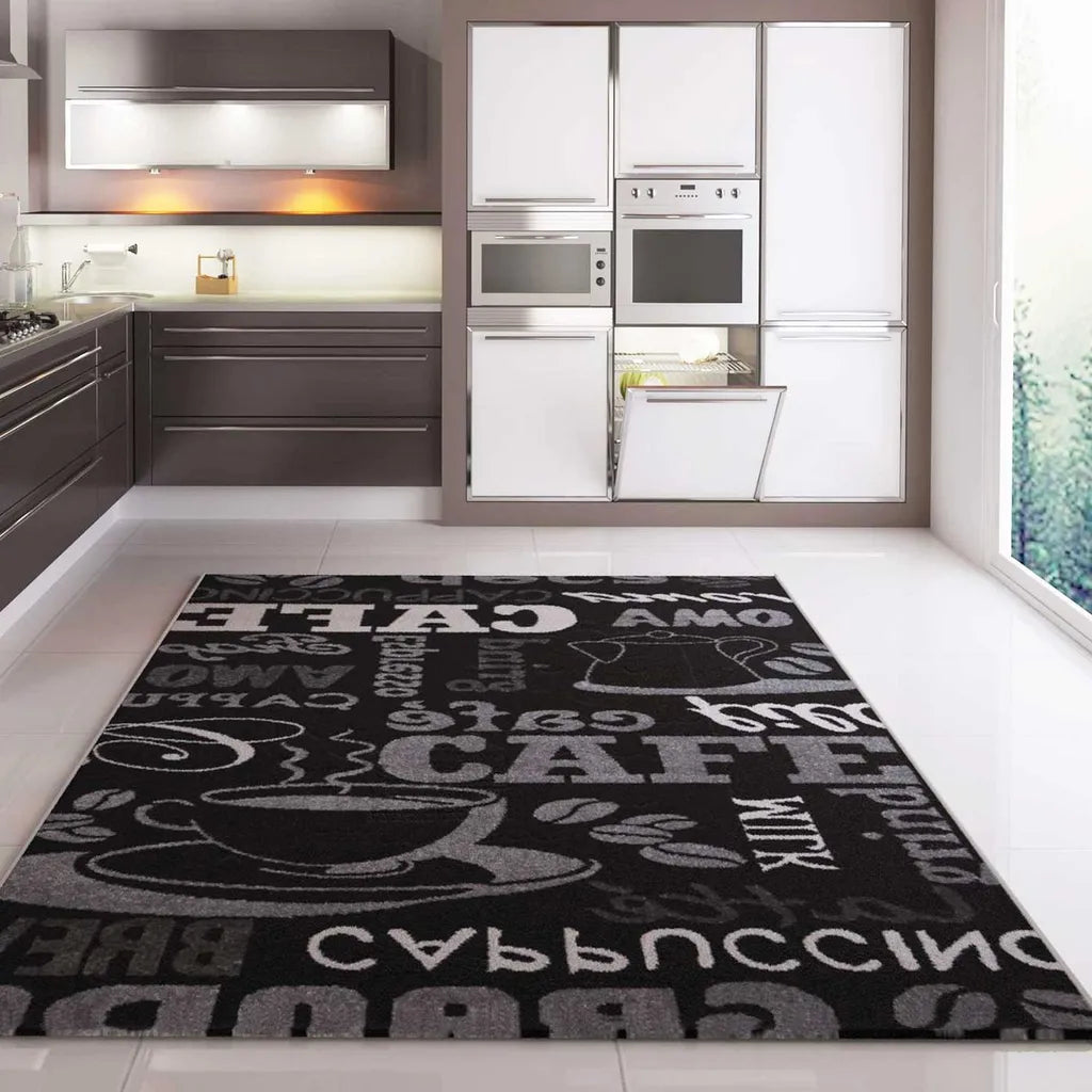  Küchenteppich Teppichläufer Coffee Design Modern Kaffee Muster In Schwarz Ideal Für Die Lounge Oder Küche, Maße:120x170 Cm