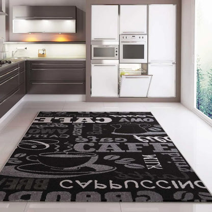  Küchenteppich Teppichläufer Coffee Design Modern Kaffee Muster In Schwarz Ideal Für Die Lounge Oder Küche, Maße:120x170 Cm