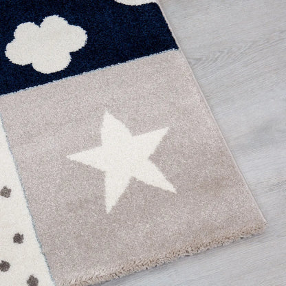 Kinderteppich Teppich Kinderzimmer Babyteppich Mit Herz Stern Wolke Blau Beige Creme, Maße:120x170 Cm