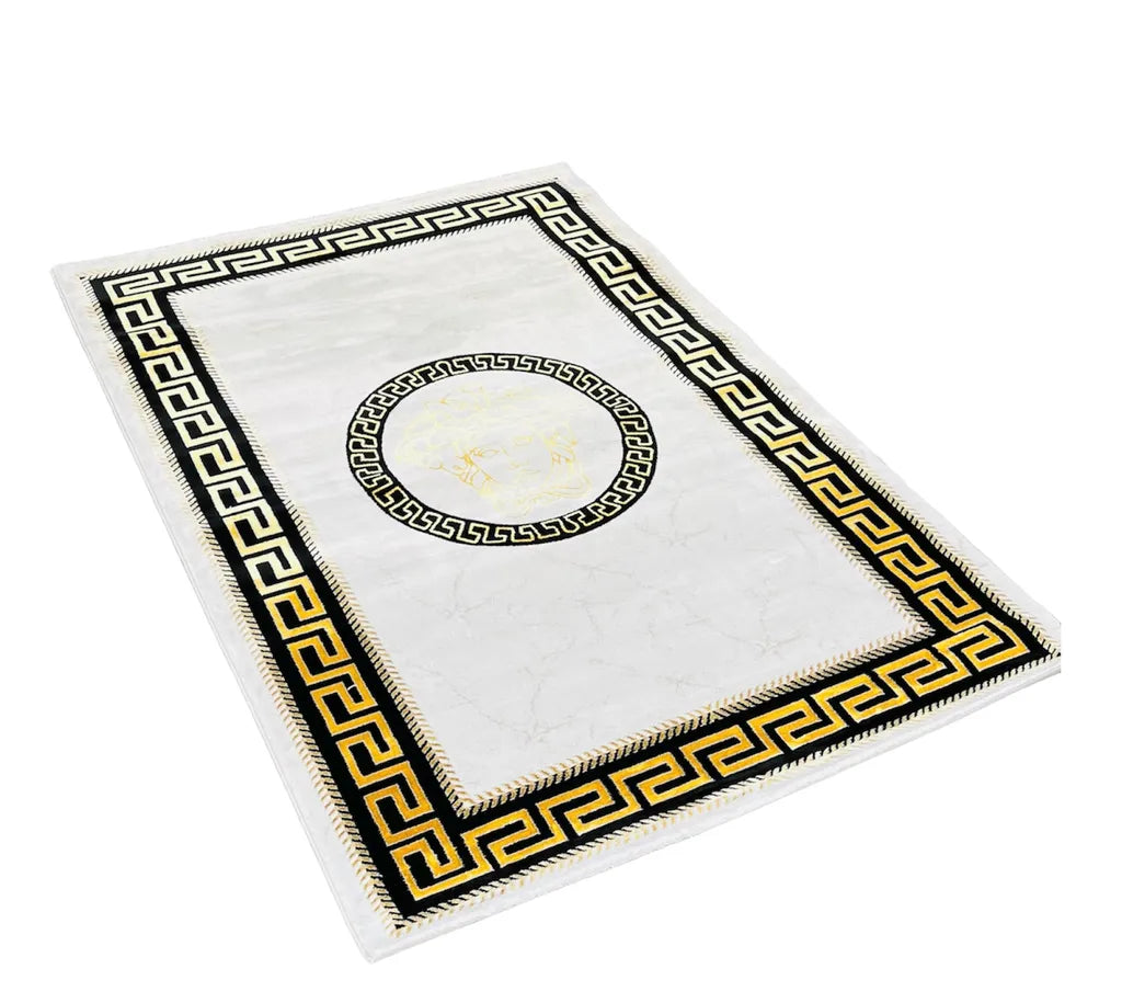  Wohnzimmerteppich Exklusiver Medusa Teppich Weiß-Gold Retro Vintage Stil Teppiche Mäander Carpet Versac Rechteck NEUHEIT 160x230 Cm 10 KG NEUHEIT 100 % Kunstseide Viskose