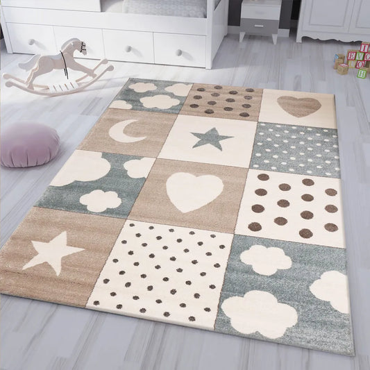  Flauschiger Kinder Zimmer Teppich Herzchen Wölkchen Patchwork Optik, Maße:120x170 Cm