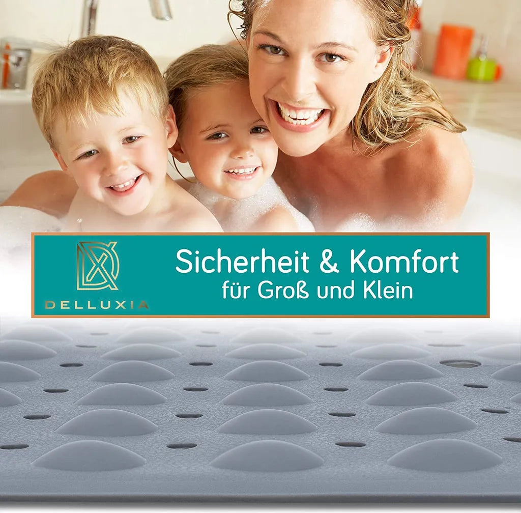  Delluxia Badewannenmatten Rutschfest Für Kinder & Erwachsene I 100x40cm Grau I Antirutsch Badematte BPA Frei, Inkl. Aufhängung I Duschmatte Schimmelresistent & Geruchsfrei