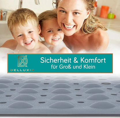  Delluxia Badewannenmatten Rutschfest Für Kinder & Erwachsene I 100x40cm Grau I Antirutsch Badematte BPA Frei, Inkl. Aufhängung I Duschmatte Schimmelresistent & Geruchsfrei