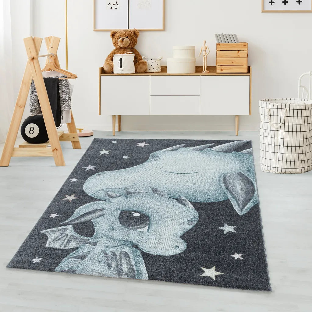  Kinderzimmerteppich,Kinderteppich,kurzflor,Drachen Baby,Weich,Farbe:Blau, Farbe:BLAU, Grösse:200 Cm X 290 Cm