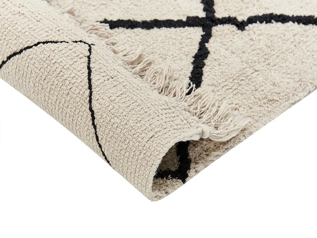  Teppich Beige Baumwolle Rechteckig 160 X 230 Cm Geometrisches Muster Fransen Handgetuftet Boho Kurzhaar Fußbodenheizung Geeignet Wohnzimmer