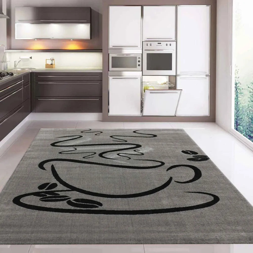  Küchenteppich Grau Trendiger Kaffee Teppich, Cappuccino Muster Tasse Kurzflor, Maße:140x200 Cm
