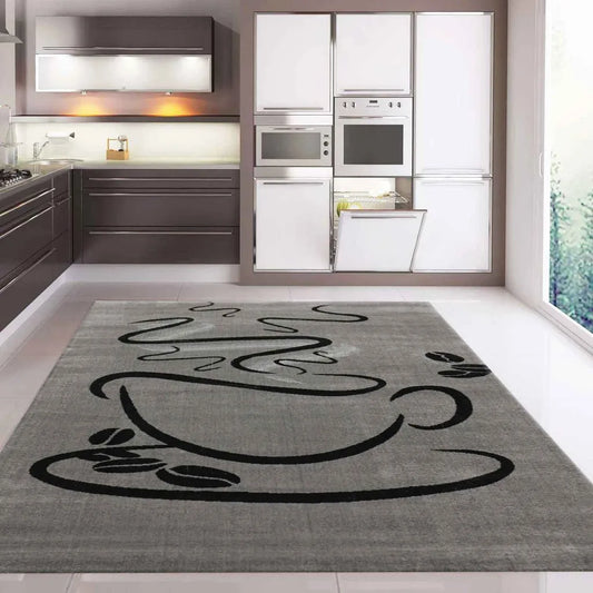  Küchenteppich Grau Trendiger Kaffee Teppich, Cappuccino Muster Tasse Kurzflor, Maße:140x200 Cm