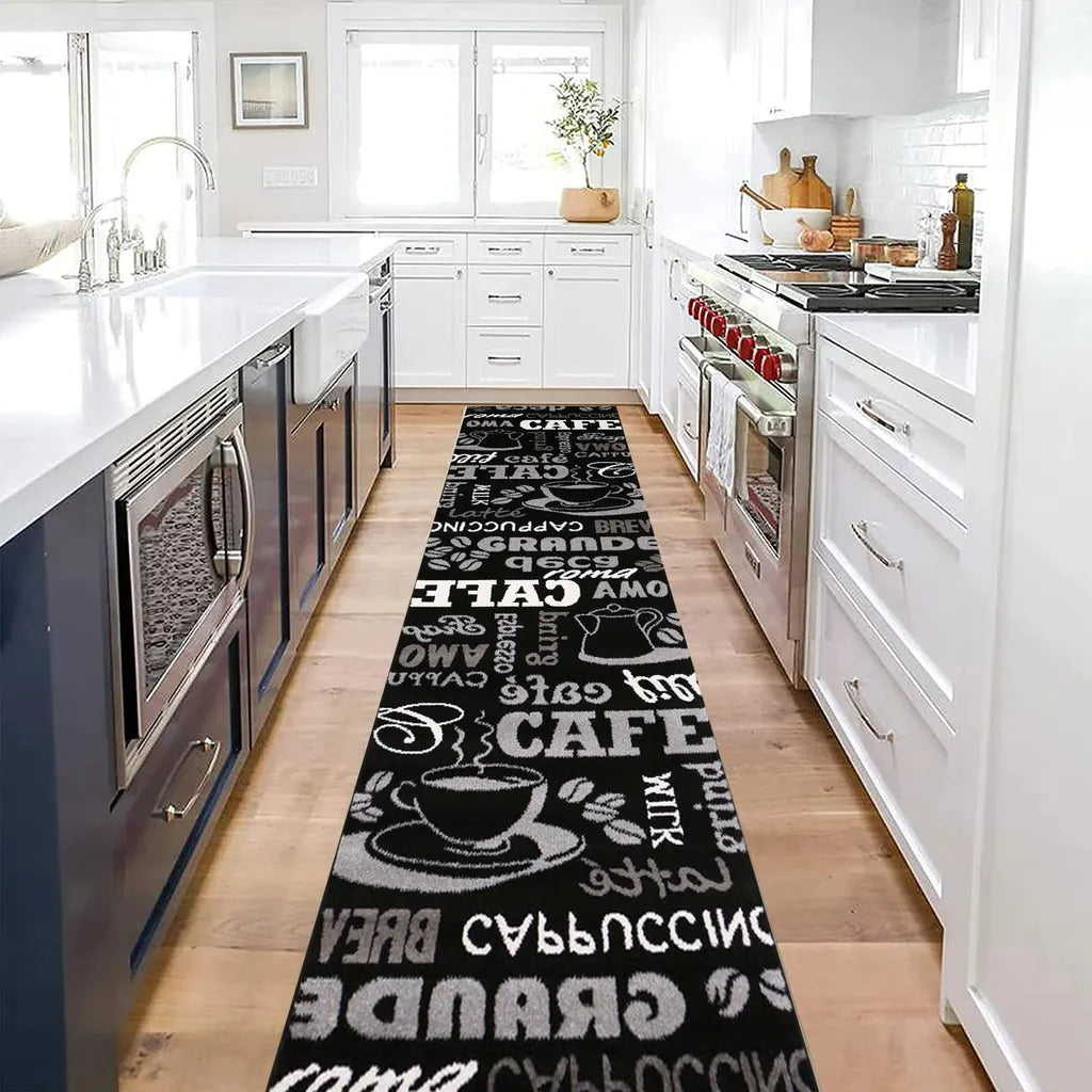  Küchenteppich Teppichläufer Coffee Design Modern Kaffee Muster In Schwarz Ideal Für Die Lounge Oder Küche, Maße:120x170 Cm