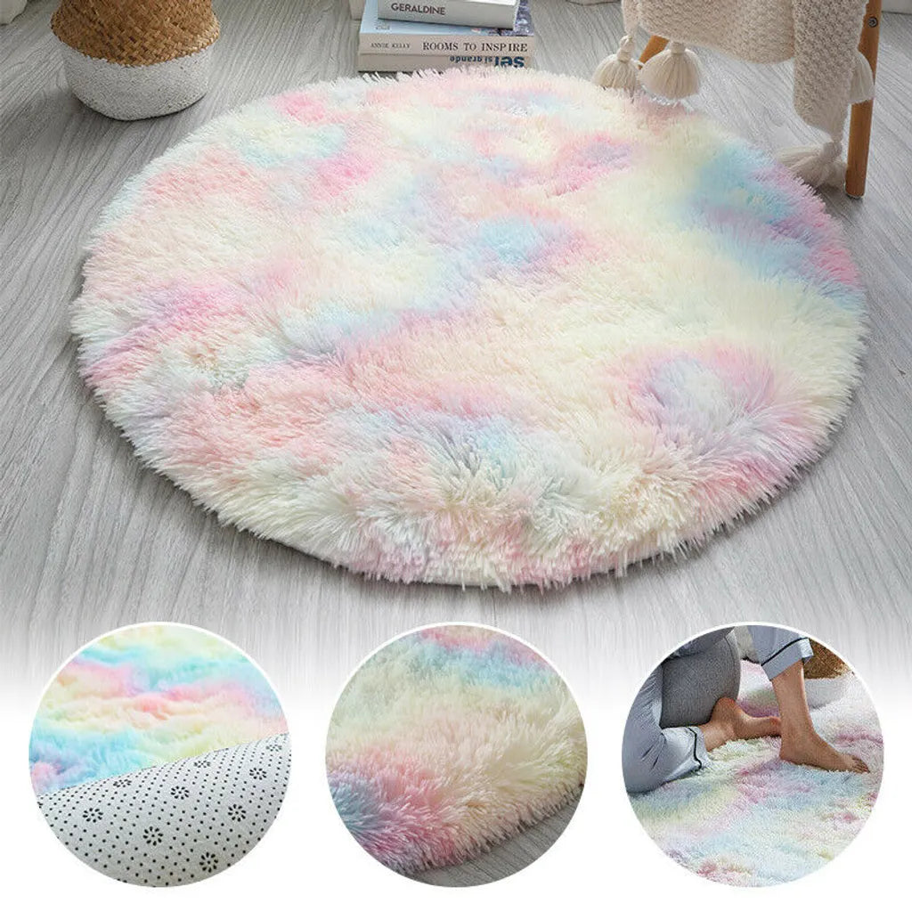  120cm Regenbogen Runden Flauschige Teppiche Bettvorleger Soft Shaggy Hochflor