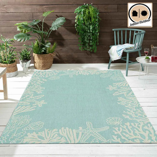  In- Und Outdoor Teppich Terrassen & Balkon Küche Teppich Meeres Design Muscheln Turkis, Farbe:Turkis, Maße:160x220 Cm
