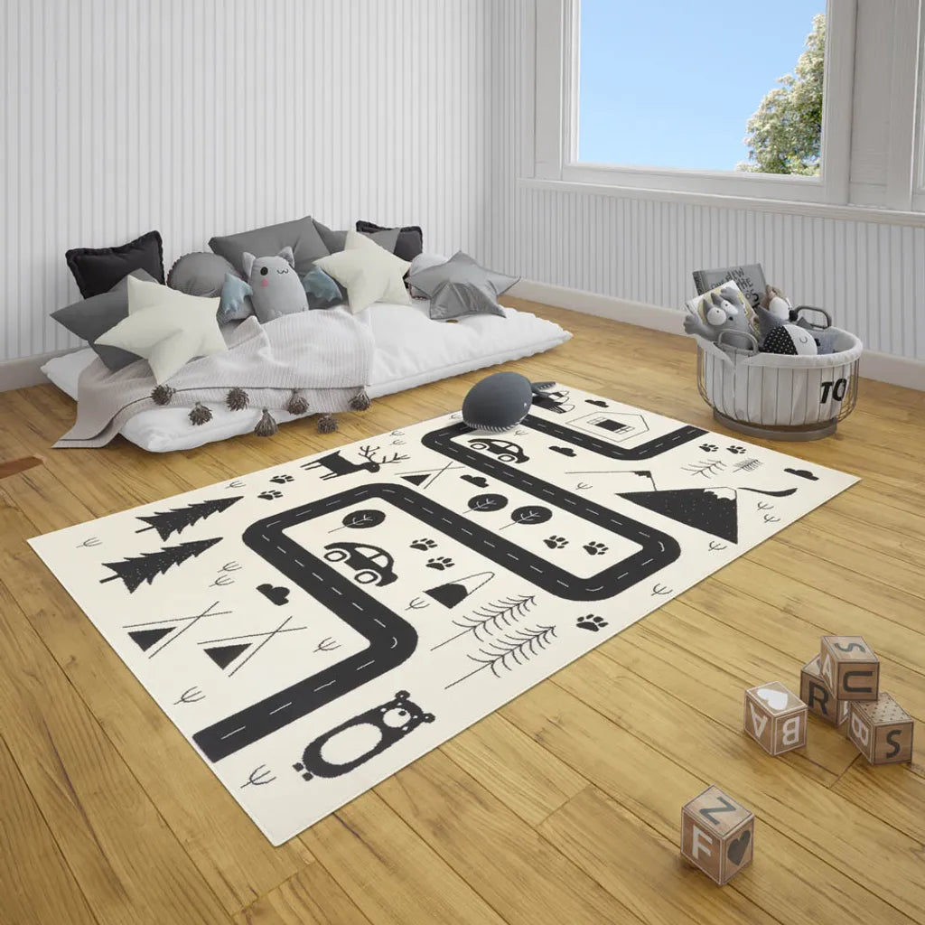  Kinderteppich Kurzflor Avenue Straße Creme Schwarz, Größe:160x220 Cm