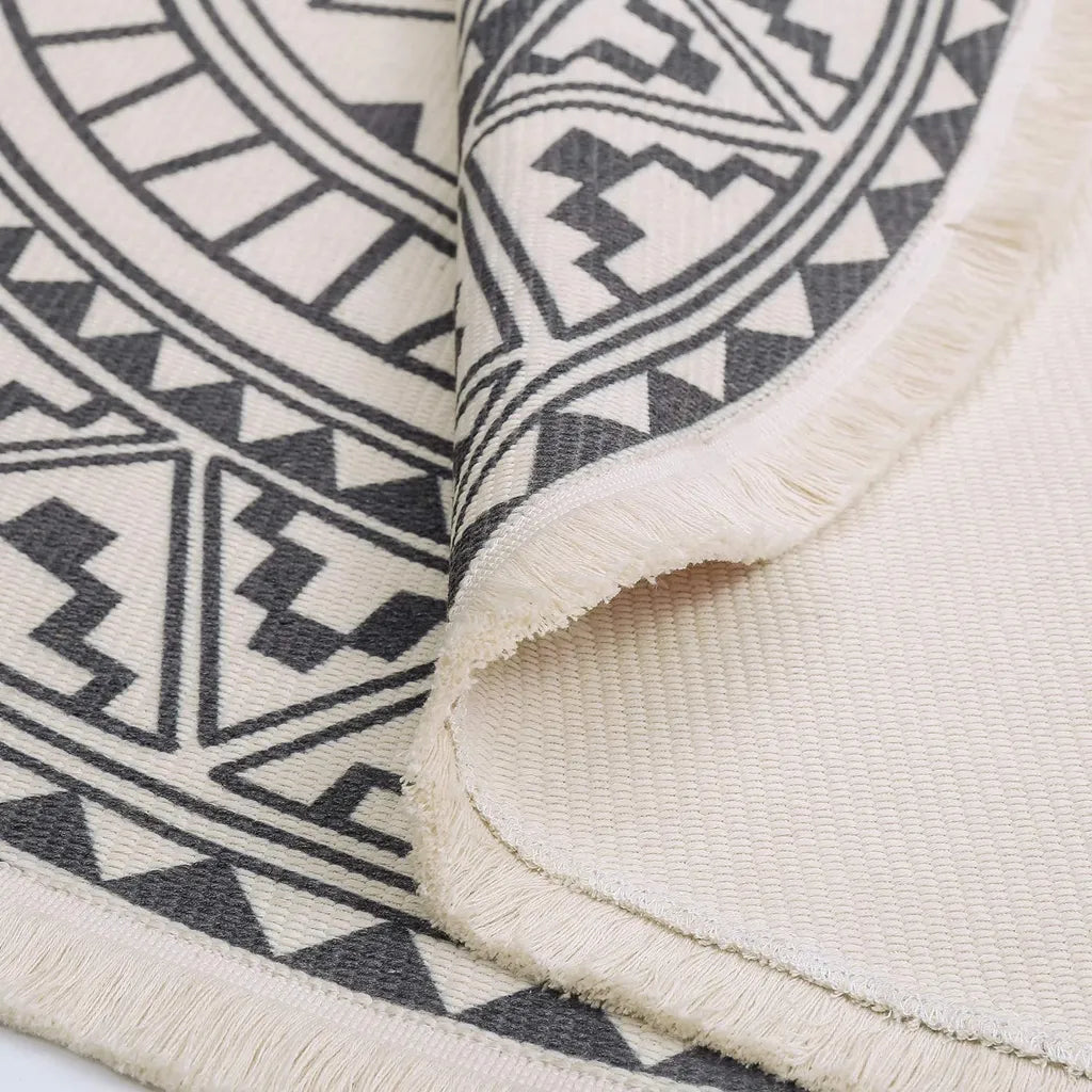  Runder Teppich 120 Cm. Teppich Rund Mit Fransen Rutschfest, Handgewebt Und Pflegeleicht - Böhmisches Mandala Muster Baumwollteppich