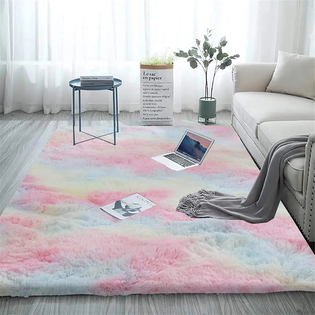  Weicher Teppich Hochflorteppich Bunter Flauschiger Schlafzimmerteppich Batikteppich Regenbogen 80 * 160 Cm