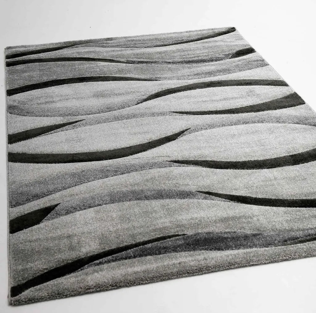  Teppich Modern Wellenmuster Wohnzimmer Konturenschnitt In Grau Anthrazit Braun Beige, Farbe:Grau, Maße:160x230 Cm