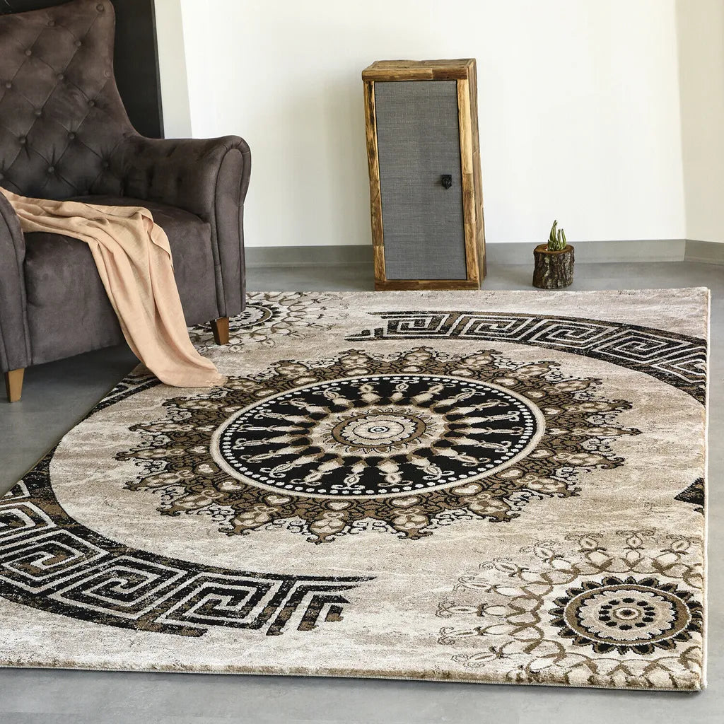  VIMODA Teppich Wohnzimmer Klassisch Kurzflor Orient Design Vintage Mandala Muster Dunkelbraun Braun Beige, Maße:240x340 Cm
