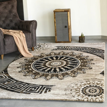  VIMODA Teppich Wohnzimmer Klassisch Kurzflor Orient Design Vintage Mandala Muster Dunkelbraun Braun Beige, Maße:240x340 Cm