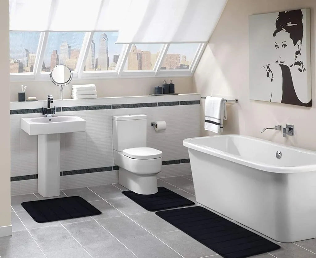  Badematten Rutschfeste Badematten Und WC Vorleger Waschbar Badteppich Für Badezimmer (Schwarz)