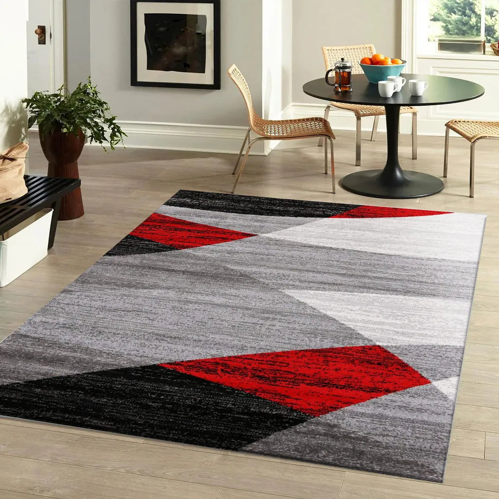  Teppich Geometrisches Muster Meliert In Grau Weiß Schwarz Und Rot, Maße:160x220 Cm