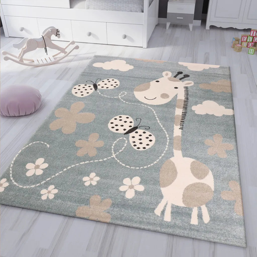  Kinderteppiche Giraffe Mit Schmetterling Und Blumen | Kinderteppich Für Mädchen Und Jungs | Teppich Für Kinderzimmer Blau | Kinderzimmerteppiche , Maße:120x170 Cm