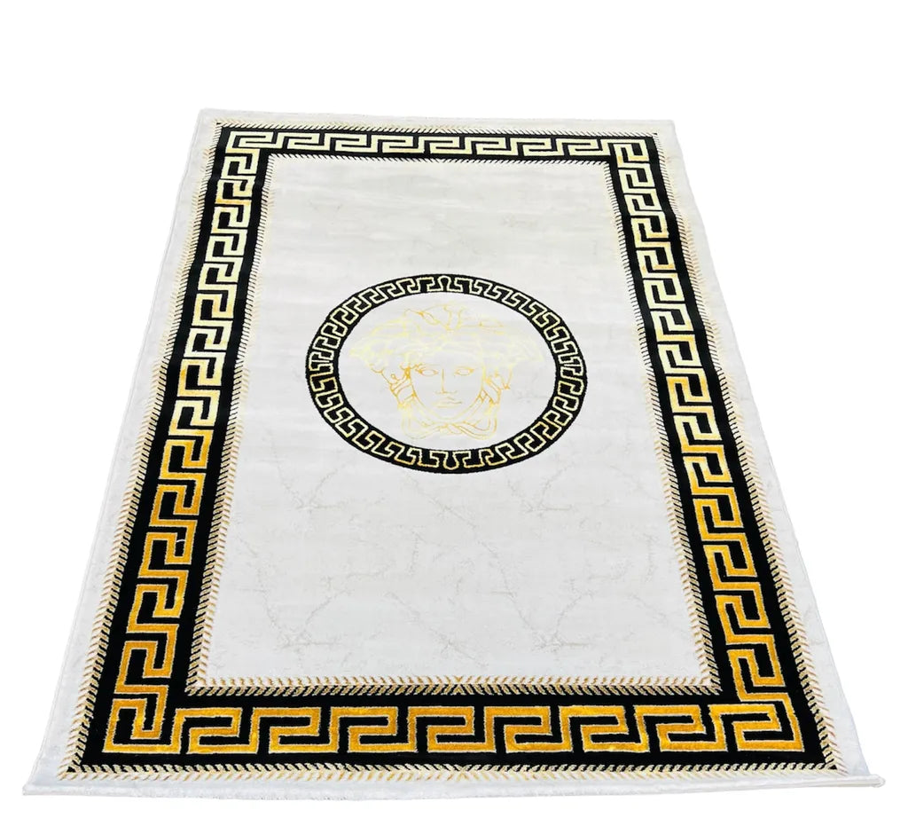  Wohnzimmerteppich Exklusiver Medusa Teppich Weiß-Gold Retro Vintage Stil Teppiche Mäander Carpet Versac Rechteck NEUHEIT 160x230 Cm 10 KG NEUHEIT 100 % Kunstseide Viskose