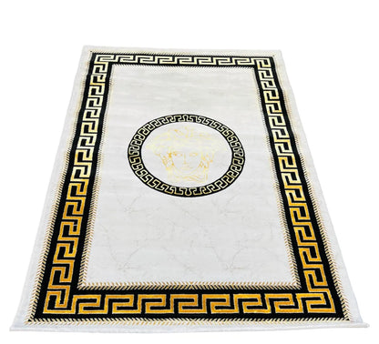  Wohnzimmerteppich Exklusiver Medusa Teppich Weiß-Gold Retro Vintage Stil Teppiche Mäander Carpet Versac Rechteck NEUHEIT 160x230 Cm 10 KG NEUHEIT 100 % Kunstseide Viskose