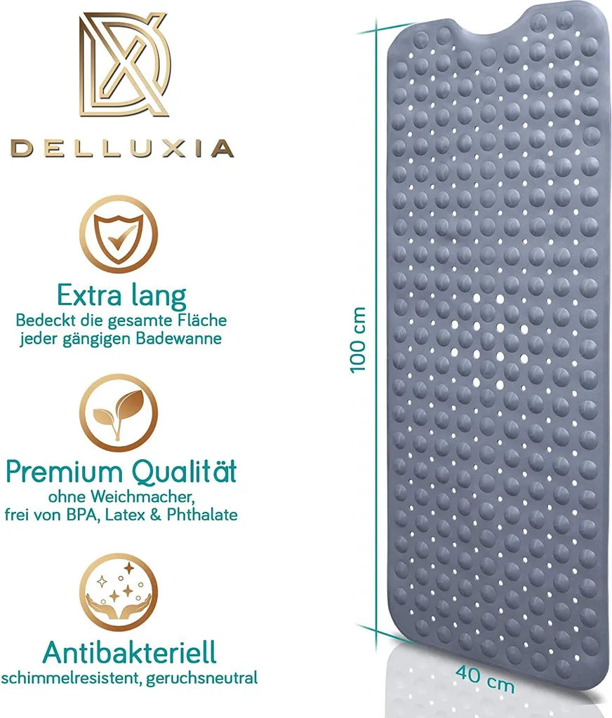  Delluxia Badewannenmatten Rutschfest Für Kinder & Erwachsene I 100x40cm Grau I Antirutsch Badematte BPA Frei, Inkl. Aufhängung I Duschmatte Schimmelresistent & Geruchsfrei
