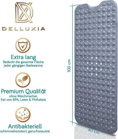  Delluxia Badewannenmatten Rutschfest Für Kinder & Erwachsene I 100x40cm Grau I Antirutsch Badematte BPA Frei, Inkl. Aufhängung I Duschmatte Schimmelresistent & Geruchsfrei