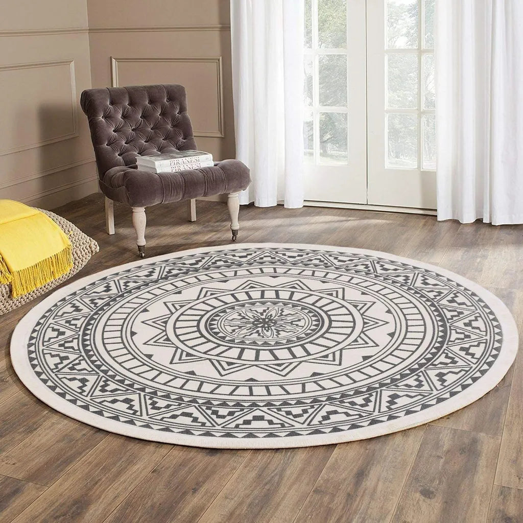  Runder Teppich 120 Cm. Teppich Rund Mit Fransen Rutschfest, Handgewebt Und Pflegeleicht - Böhmisches Mandala Muster Baumwollteppich