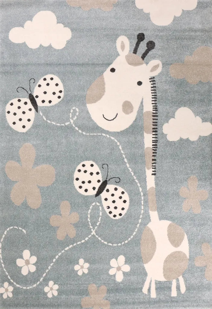  Kinderteppiche Giraffe Mit Schmetterling Und Blumen | Kinderteppich Für Mädchen Und Jungs | Teppich Für Kinderzimmer Blau | Kinderzimmerteppiche , Maße:120x170 Cm