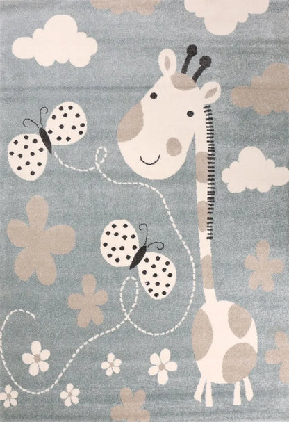  Kinderteppiche Giraffe Mit Schmetterling Und Blumen | Kinderteppich Für Mädchen Und Jungs | Teppich Für Kinderzimmer Blau | Kinderzimmerteppiche , Maße:120x170 Cm