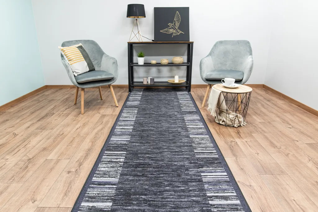  Läufer ADAGIO 100x400 Cm Kurzflor Designer Teppichläufer In Dunkelgrau Antirutsch Streifen Muster Gel Basis Teppich
