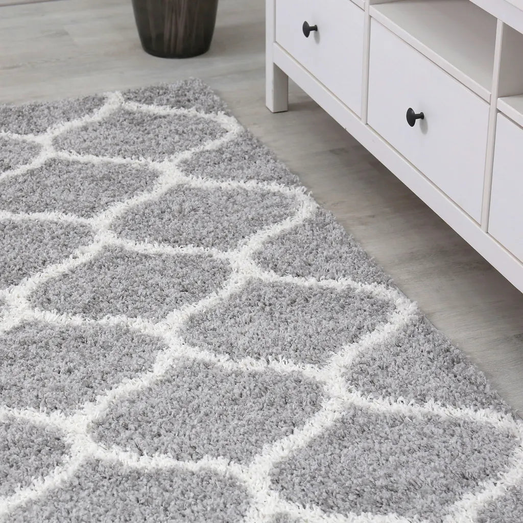  Hochflor Teppich Muster Shaggy Marokkanisch Rauten Deko Wohnzimmer Grau Creme Weich Robust Ethno, Maße:140x200 Cm