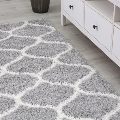 Hochflor Teppich Muster Shaggy Marokkanisch Rauten Deko Wohnzimmer Grau Creme Weich Robust Ethno, Maße:140x200 Cm