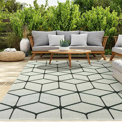  Teppich Rauten Muster In- Und Outdoor Tauglich Robuster Flachgewebe 100% Polypropylen Weiß, Maße:160x220 Cm