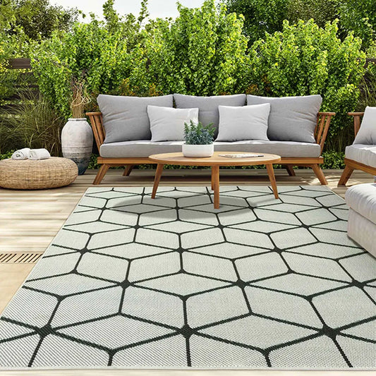  Teppich Rauten Muster In- Und Outdoor Tauglich Robuster Flachgewebe 100% Polypropylen Weiß, Maße:160x220 Cm