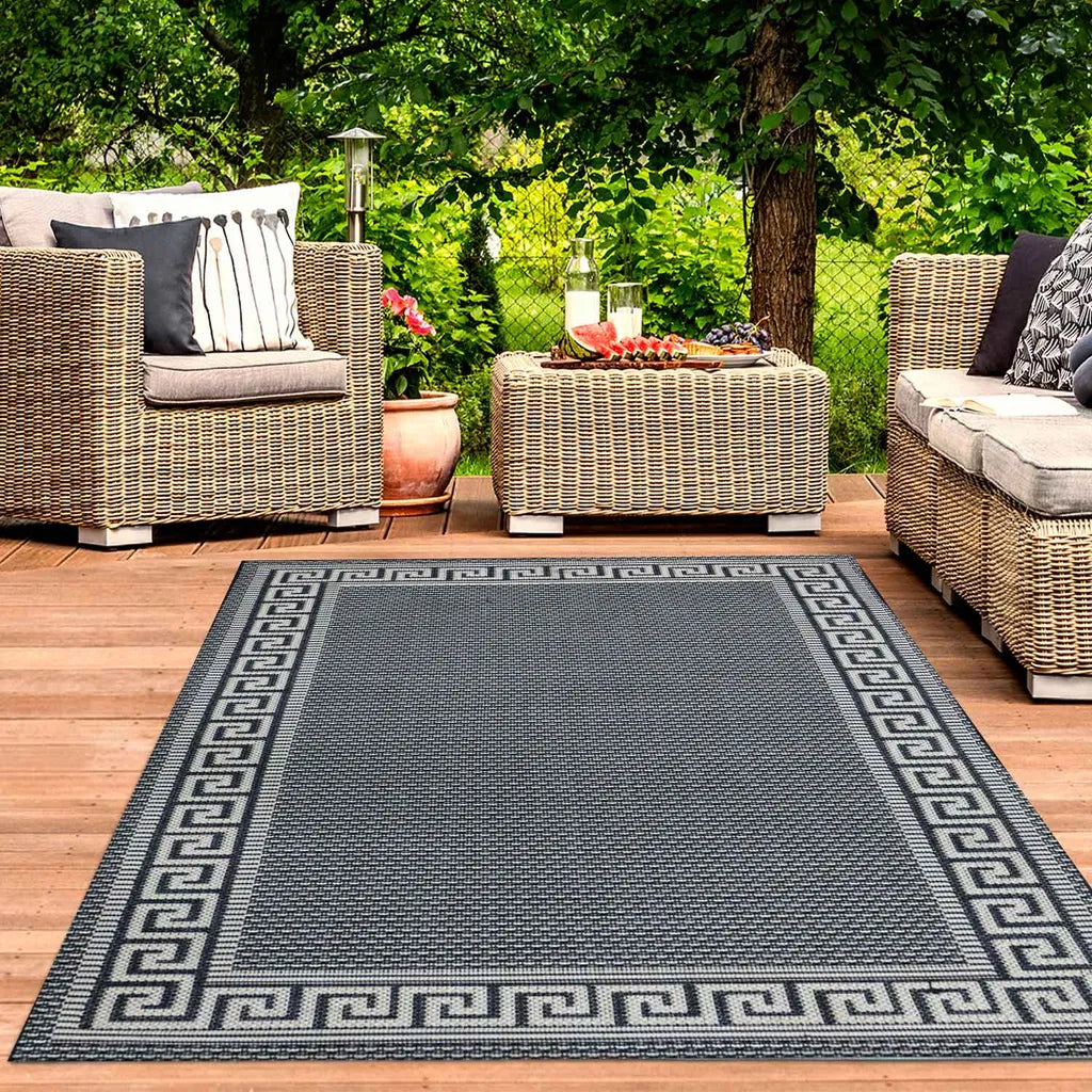  In- Und Outdoor Teppiche Flachgewebe Balkon Küche Bordüre Look In Blau & Turkis, Farbe:Blau, Maße:160x220 Cm
