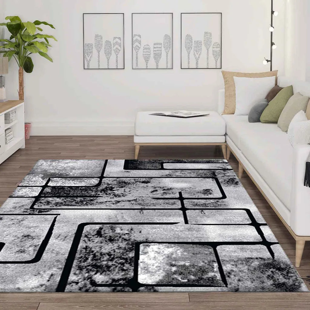  Teppich Grau Wohnzimmer Kurzflor Geometrisch Muster Abstrakt Meliert, Maße:60x110 Cm