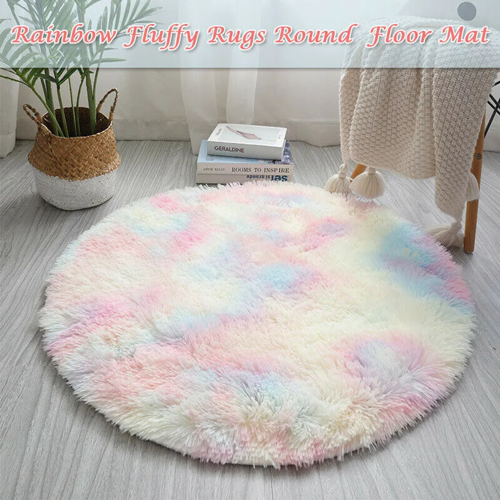  80cm Regenbogen Runden Flauschige Teppiche Bettvorleger Soft Shaggy Hochflor