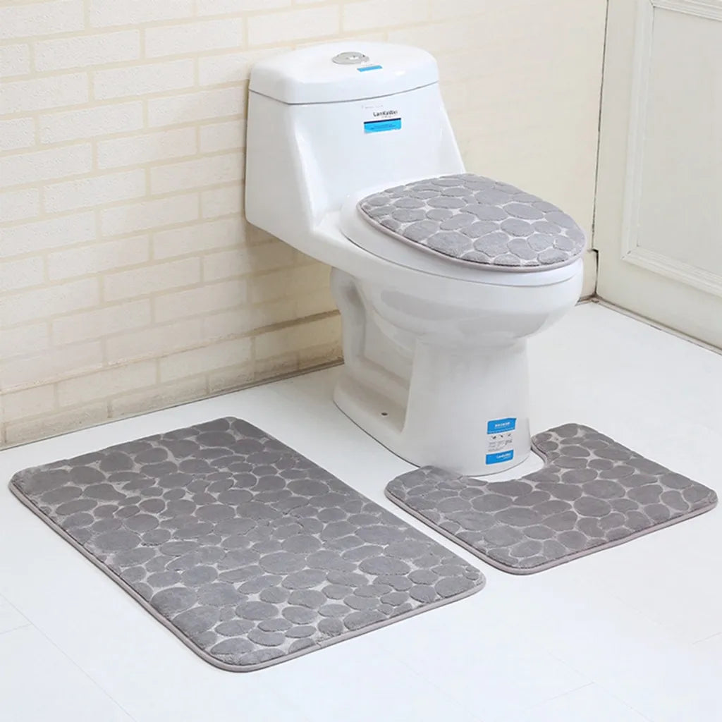  3-teiliges Badezimmer Badematten Toilettenteppich Anti Rutsch Teppich Set Heim Toilettenabdeckungsmatte (Blau)